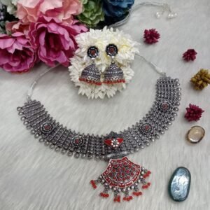 Necklace - German Silver Oxidized Copper Brass Meena Necklace SCAON28-Red