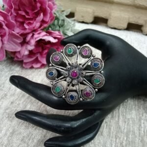 Oxidized Ring – German Silver Ad Stone Medium Size Flower Oxidized Ring SCAOR13