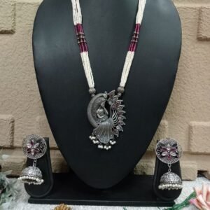 Necklace - German Silver-Plated AD Hydro Beads Dulhan Necklace SCAOLN16-Ruby