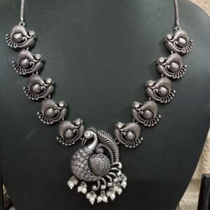 Necklace - Brass Silver Oxidized Peacock Necklace SCAON6