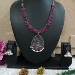 Necklace - Brass Silver Oxidized Laxmi Mata Stone Necklace SCAON2-Ruby
