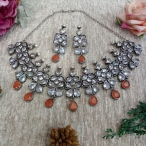 Necklace - GS Plated Brass Silver Oxidized Monalisa & Ad Stone Necklace SCAON10-Rust Orange