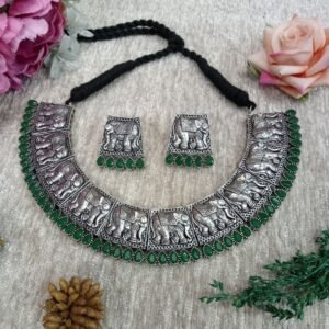 Necklace -  Brass Silver Oxidized Monalisa Stone Elephant Necklace SCAON11