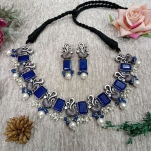 Necklace - Silver Oxidized Brass Monalisa & AD Stone Necklace SCAONL12