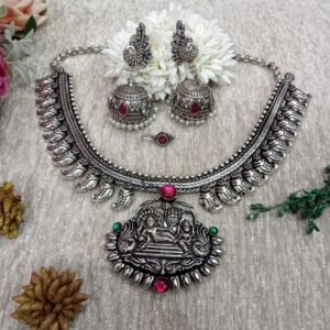 Necklace - Silver Oxidized Lord Vishnu & Laxmi Ji Brass Necklace with Jhumka SCAON16