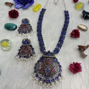 Necklace - Brass Silver Oxidized Peacock Design long Stone Necklace SCAOLN40