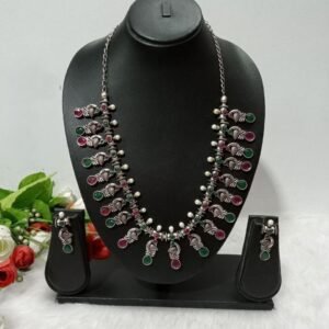 Necklace - GS Plated Silver Oxidized AD Stone long Peacock Necklace SCAOLN46-Ruby Green