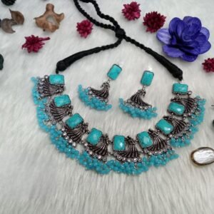 Necklace - Silver Oxidized Brass AD Stone Romeo Juliet Necklace SCAON25