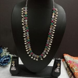 Necklace - GS Plated Brass Silver Oxidized Monalisa Stone long Necklace SCAOLN33