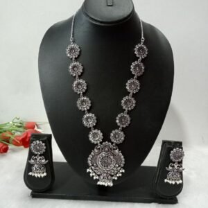 Necklace - Silver Oxidized Long AD Stone Necklace SCAON68