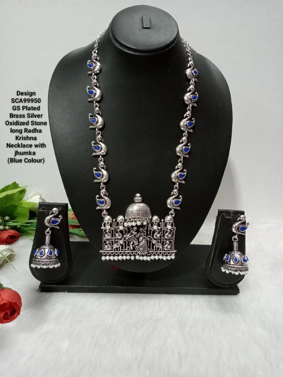Navratri Ethnic Stylish Silver Oxidised Radha Krishna Design Long Necklace Jewellery Set for Women And Girls