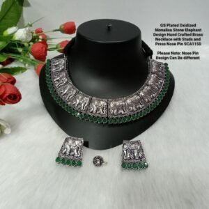 Necklace -  Brass Silver Oxidized Monalisa Stone Elephant Necklace SCA111501