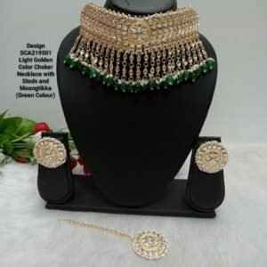 Celebrity Range Light Golden Color Choker Necklace with Studs and Maang Tikka (Design SCA219501 )