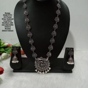 Necklace - GS Plated Silver Oxidized long Stone Necklace SCA819751