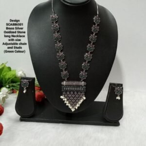 Brass Silver Oxidized Stone Necklace (SCA886501)