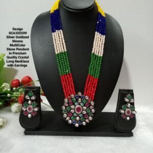 Necklace - Silver Oxidized Kundan Pendent Crystal Long Necklace SCA354559 Multi-3