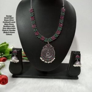 Necklace - Brass Silver Oxidized Laxmi Mata Stone Necklace SCA916501