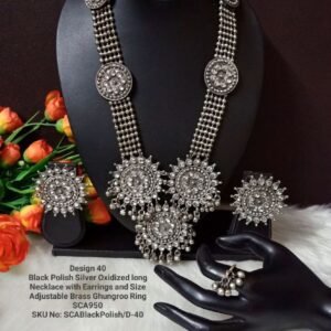 Necklace - Black Polish Silver Oxidized Long Necklace Combo SCA409501