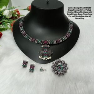 Necklace - Brass GS Plated Silver Oxidized Stone Necklace Combo SCA81B1250