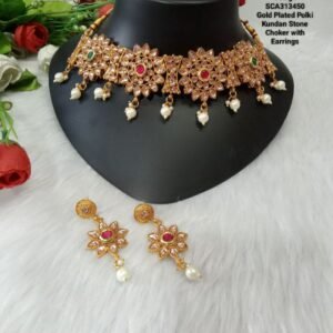 Premium Quality Gold Plated Polki Kundan Choker with Earrings (SCA313450)