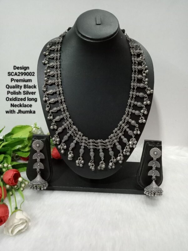 Necklace - Black Polish Silver Oxidized long Necklace SCA299002