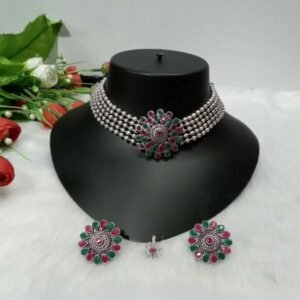Necklace - Silver Oxidized Brass Choker cum Necklace SCAON56-Ruby Green