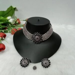 Necklace - Silver Oxidized Brass Choker cum Necklace SCAON56-Black