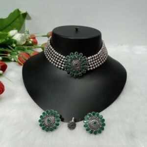 Necklace - Silver Oxidized Brass Choker cum Necklace SCAON56-Green