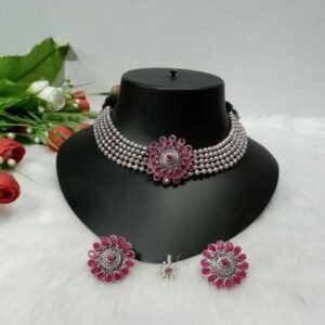 Necklace - Silver Oxidized Brass Choker cum Necklace SCAON56-Ruby
