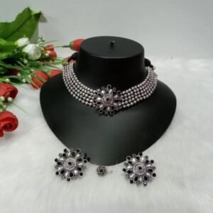 Necklace - Silver Oxidized Brass Choker cum Necklace SCAON54