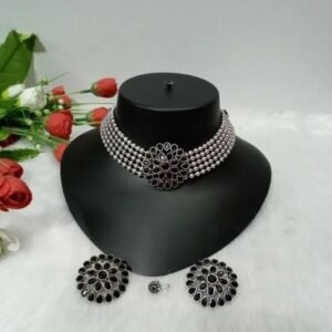 Necklace - Silver Oxidized Brass Choker cum Necklace SCAON57-Black