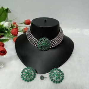 Necklace - Silver Oxidized Brass Choker cum Necklace SCAON57-Green