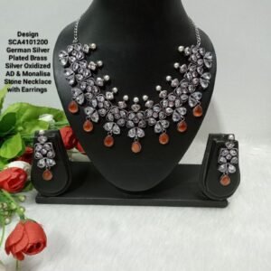 Necklace - GS Plated Brass Silver Oxidized Monalisa & Ad Stone Necklace SCA4101200