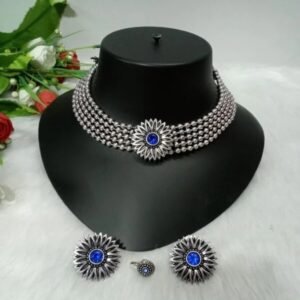 Necklace - Silver Oxidized Brass Stone Choker cum Necklace SCAON58