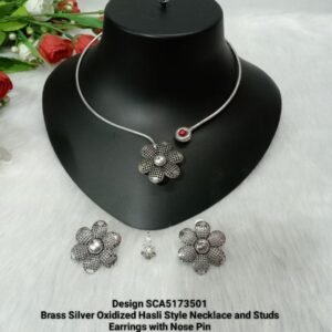 Hasli : Brass Silver Oxidized Hasli Stone Necklace SCA5173501