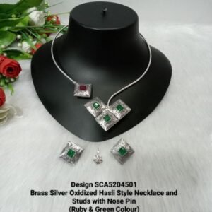 Hasli : Brass Silver Oxidized Hasli Ruby & Green Stone Necklace SCA5204501