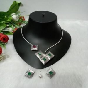Hasli - Brass Silver Oxidized Hasli Ruby & Green Stone Necklace SCAON65