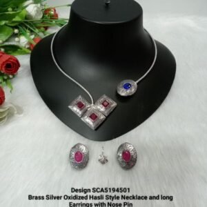 Hasli : Brass Silver Oxidized Hasli Ruby & Blue Stone Necklace SCA5194501