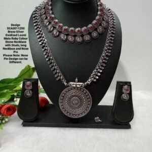Necklace - Silver Oxidized Brass AD Stone Laxmi Mata Long & Short Necklace Combo SCA3011250