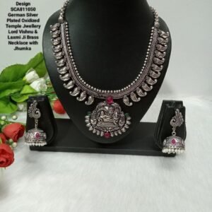 Necklace - Silver Oxidized Lord Vishnu & Laxmi Ji Brass Necklace with Jhumka SCA811050