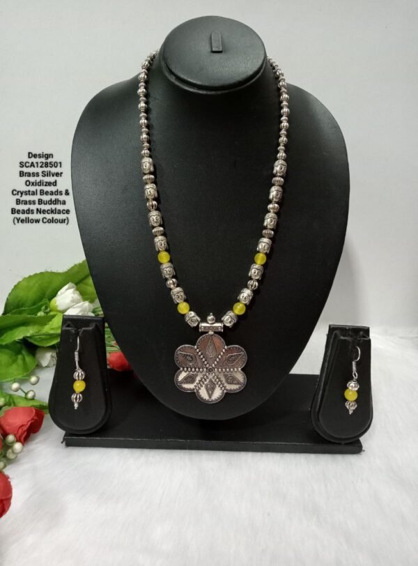 Necklace - Brass Silver Oxidized Crystal Brass Beads Buddha Necklace SCA128501