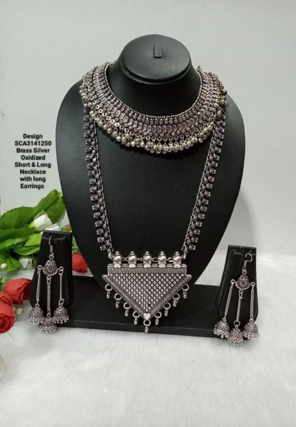 Oxidized Necklace – Brass Silver Oxidized Long & Short Necklace Combo SCA3141250