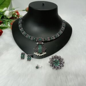 Necklace - Brass GS Plated Silver Oxidized Stone Necklace Combo SCAON75-Green