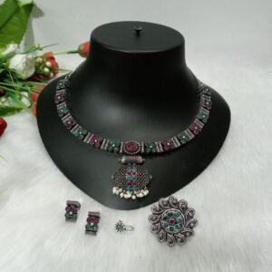 Necklace - Brass GS Plated Silver Oxidized Stone Necklace Combo SCAON75-Ruby Green