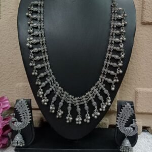 Long Necklace - Black Polish Silver Oxidized Afghani Long Necklace with Jhumka SCAOLN3