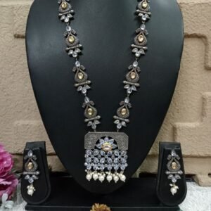 Long Necklace - German Silver Black Polish Kundan & AD Stone Long Necklace SCAOLN7
