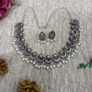 Necklace - Brass Silver Oxidized Stone Necklace SCAON49