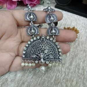 Necklace - Brass Silver Oxidized Stone long Peacock Necklace SCAON96