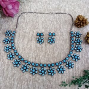 Necklace - Brass Silver Oxidized Stone Necklace SCAON48