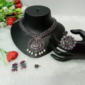 Necklace - Brass Silver Oxidized Laxmi Mata Necklace Combo SCAON52